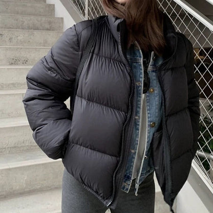 Women’s down jacket, short, white duck down, stand-up collar