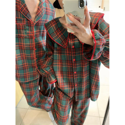Women's house suit, checked, made of brushed cotton-linen blend
