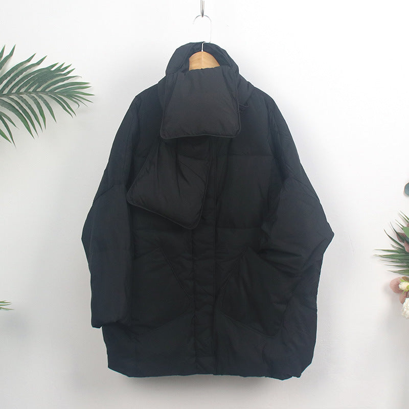 Women's down coat with scarf, medium length, loose fit