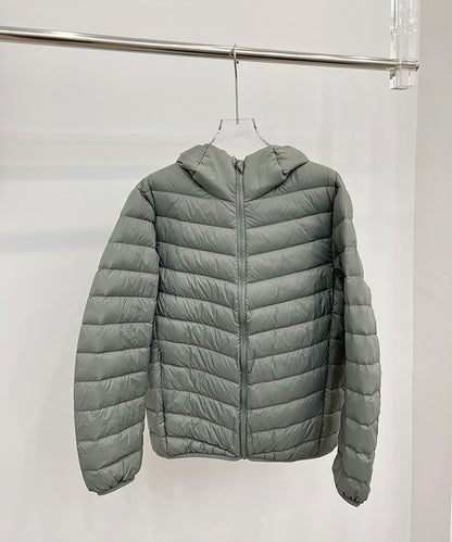 Light men's down jacket, short, with hood