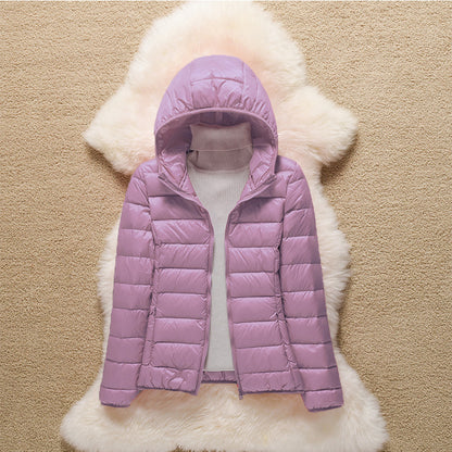 Light women's down jacket with hood and stand-up collar