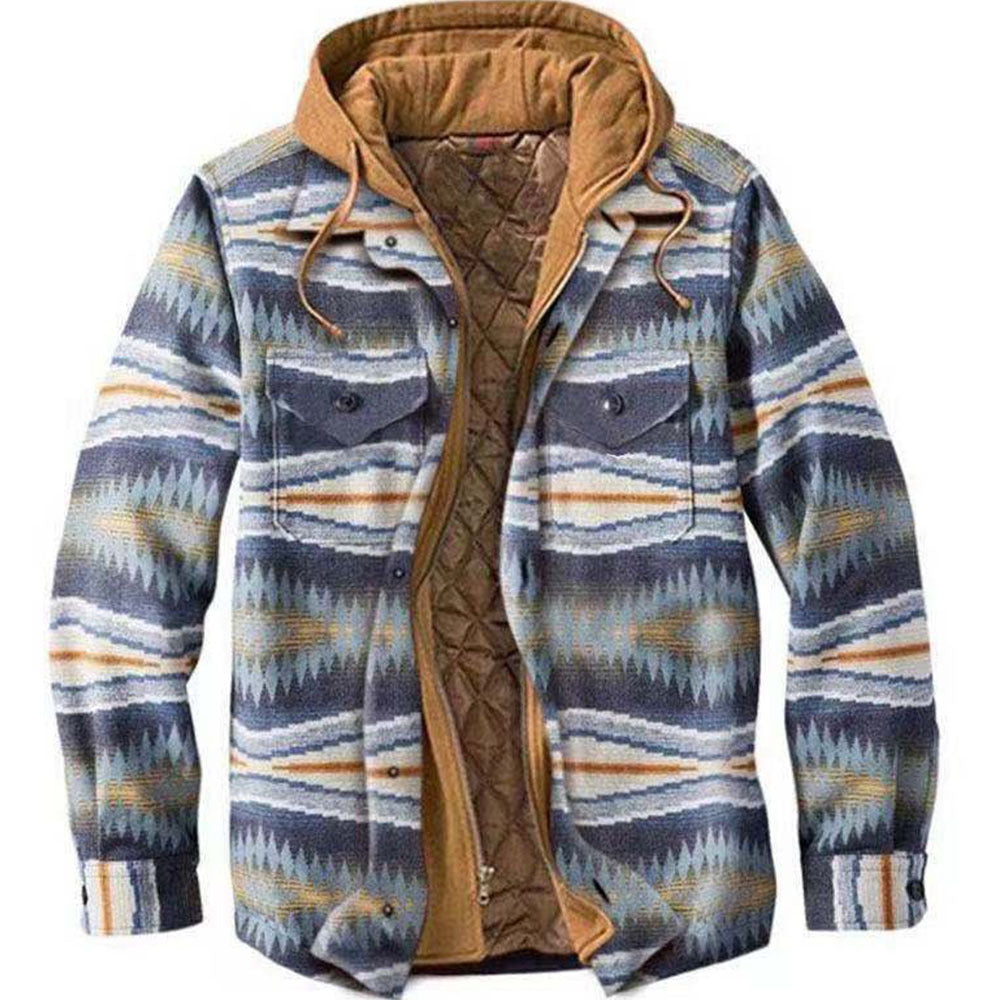 Men's shirt jacket, padded, checkered, with hood