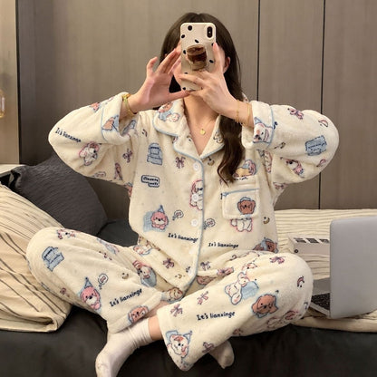Women's flannel pajama set, lined, winter loungewear