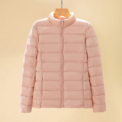 Short women's down jacket with stand-up collar