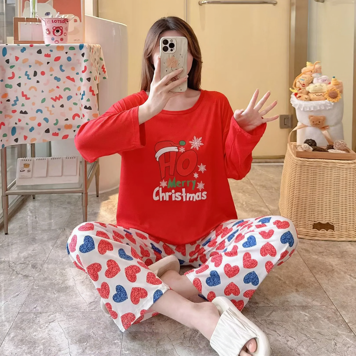 Women's Christmas pajamas, long-sleeved, with reindeer motif