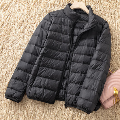 Light women's down jacket with stand-up collar