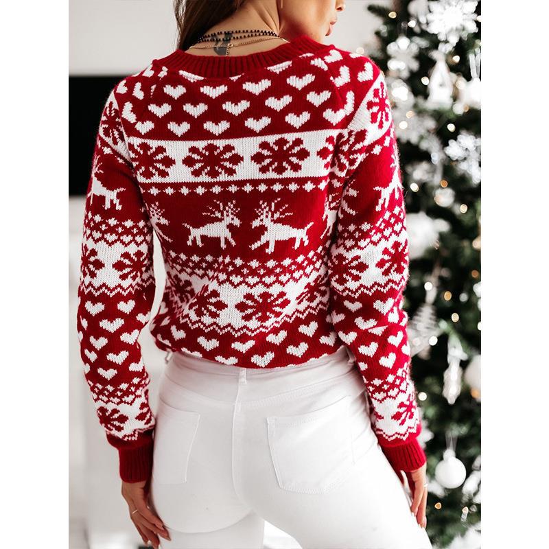 Women's Christmas sweater, reindeer motif, round neckline