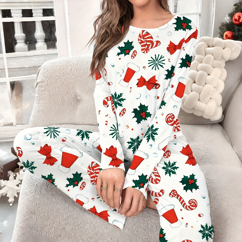 Women's Pajama Set, Long Sleeve, Christmas Design, Round Neck