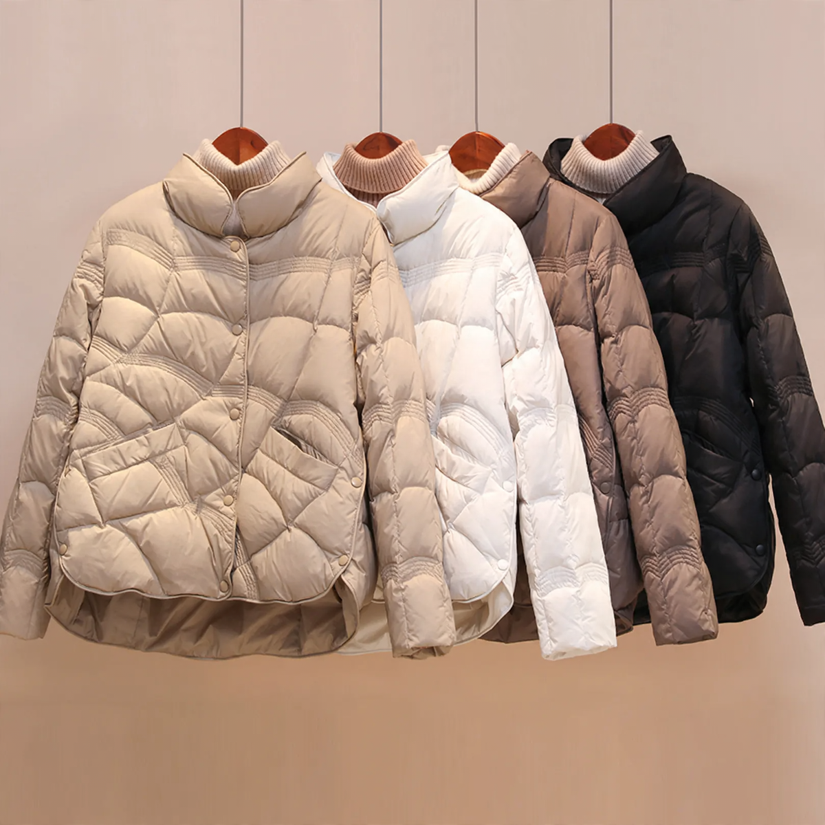 Short women's down jacket with standing collar