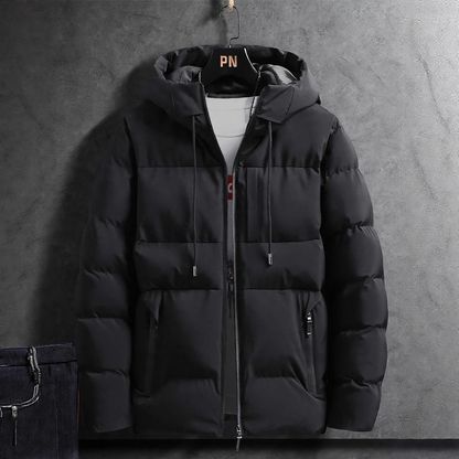 Padded men's winter jacket with hood, solid color