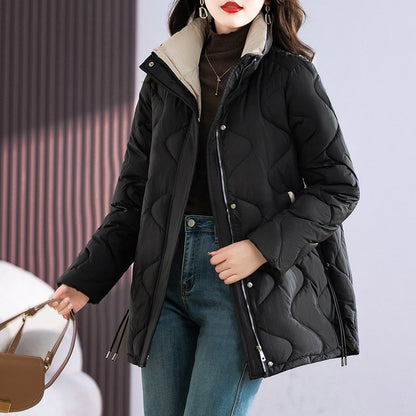 Long women's winter jacket with stand-up collar