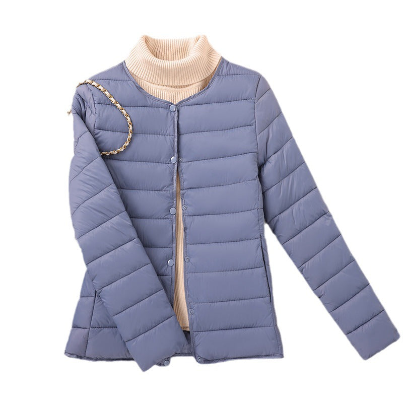 Lightweight, short women's padded jacket without collar