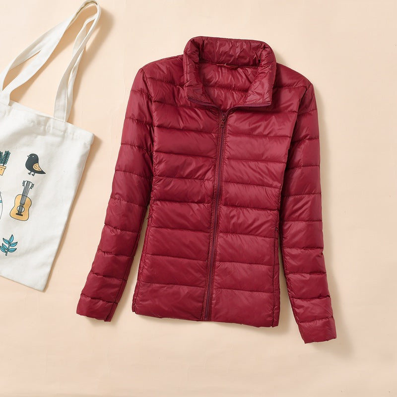 Women's down jacket, short, stand collar, fitted, with duck down