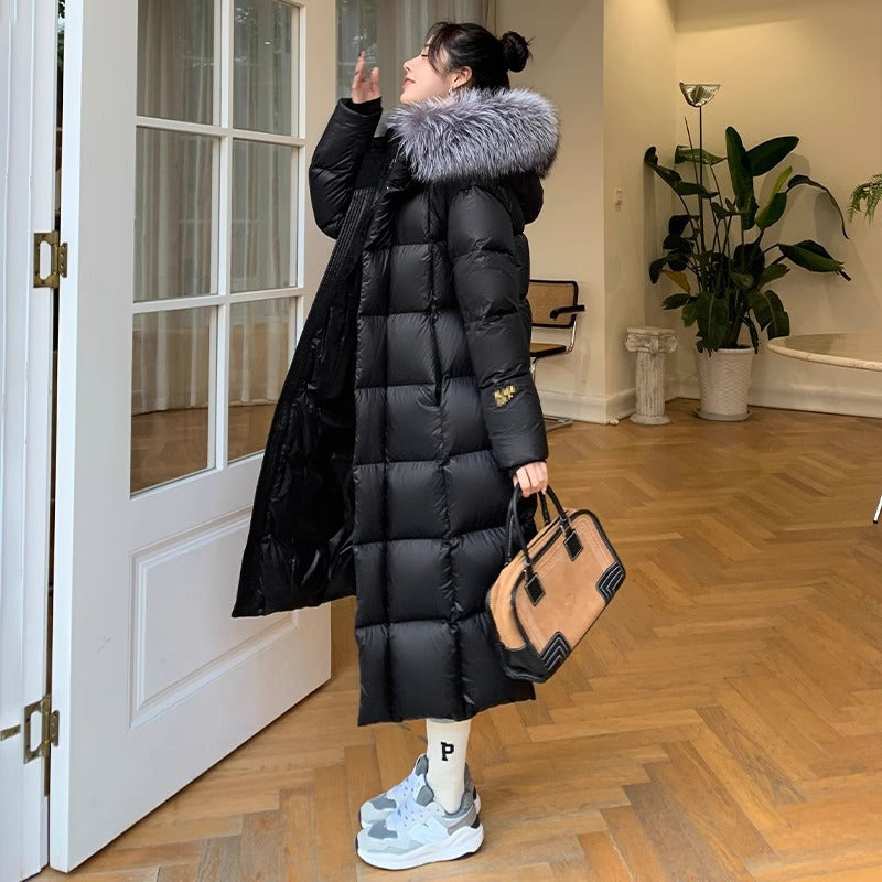 Long women's down coat with fox fur collar