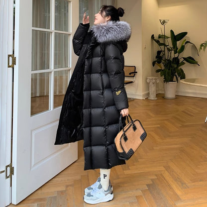 Long women's down coat with fox fur collar