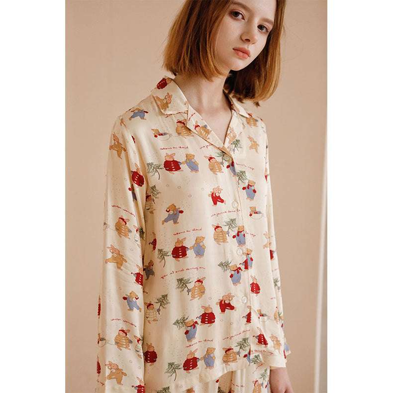 Women's Pajama Set, Satin Look, Christmas Bunny Print