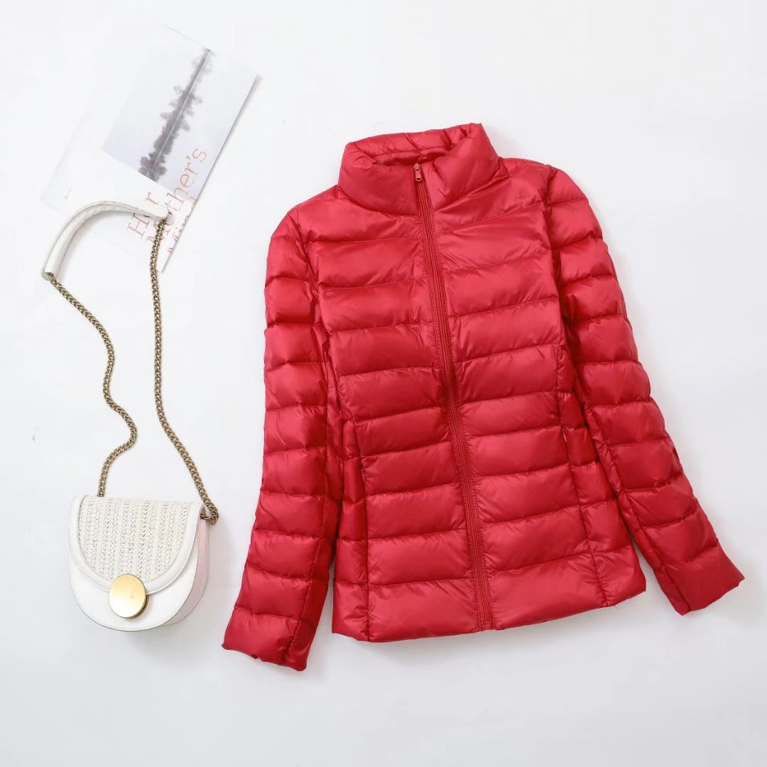 Light women's down jacket with stand-up collar