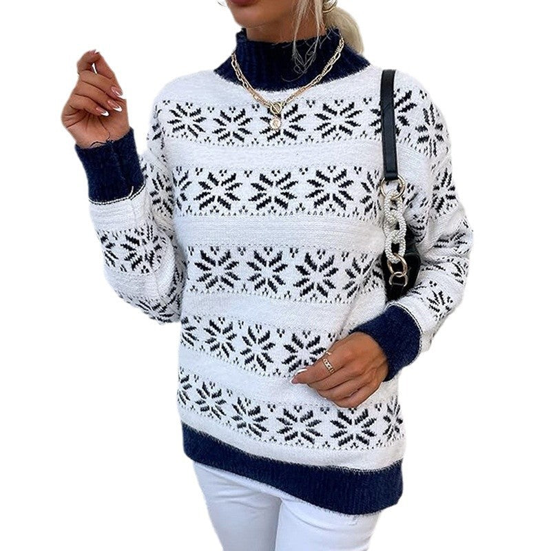 Women's Christmas sweater, snowflake pattern, stand-up collar