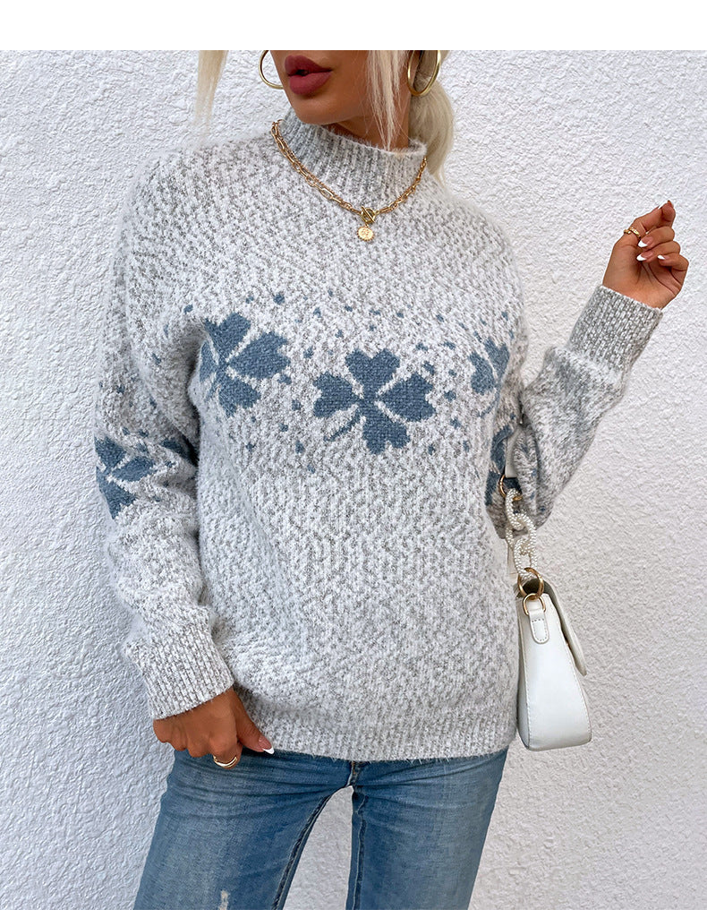 Christmas sweater with snowflake pattern and stand-up collar