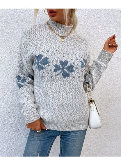 Christmas sweater with snowflake pattern and stand-up collar