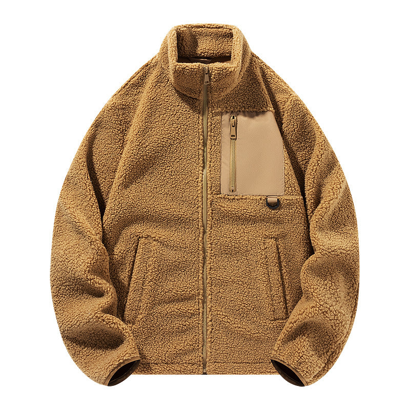 Unisex fleece jacket with stand-up collar and pockets