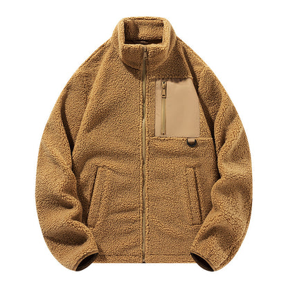 Unisex fleece jacket with stand-up collar and pockets