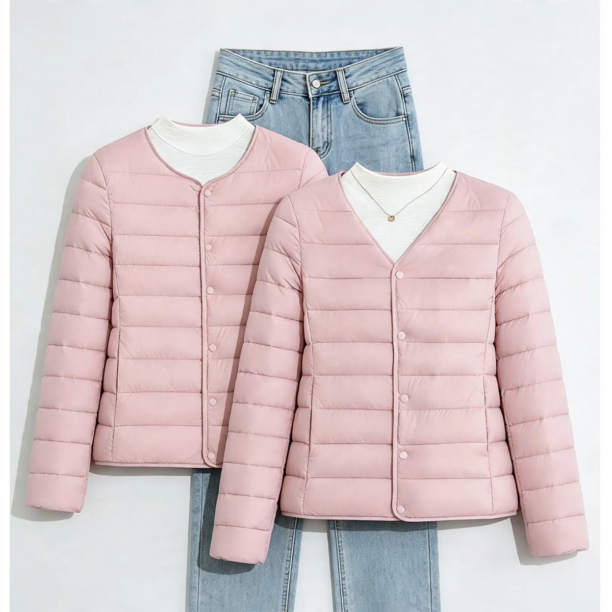 Lightweight, short women's padded jacket without collar