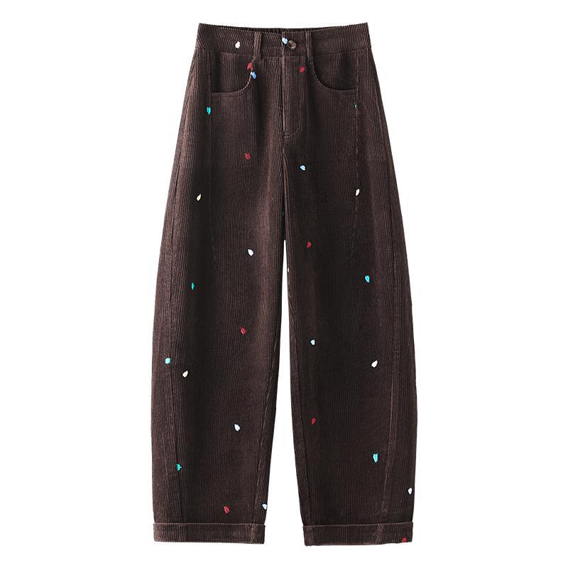 Women's corduroy pants, high-waisted, embroidered