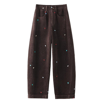 Women's corduroy pants, high-waisted, embroidered
