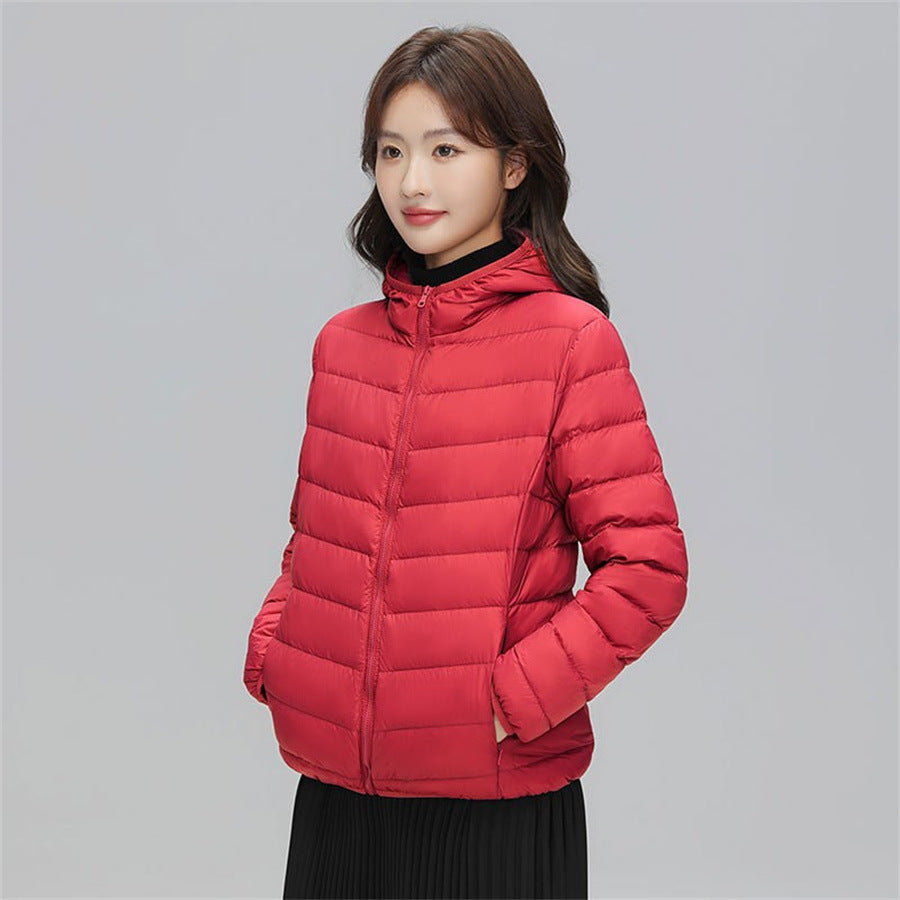 Women's down jacket, short, with hood, light and warm