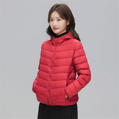 Women's down jacket, short, with hood, light and warm