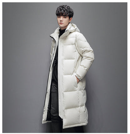 Long women's down coat, knee-length, lined, for winter