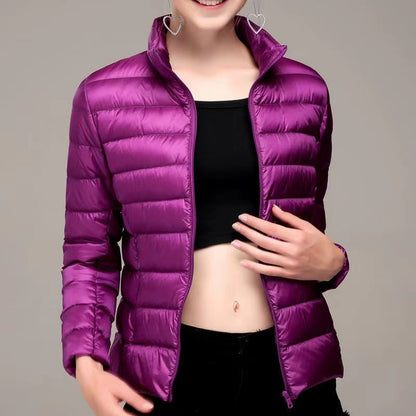 Women's padded jacket, short, fitted, with hood
