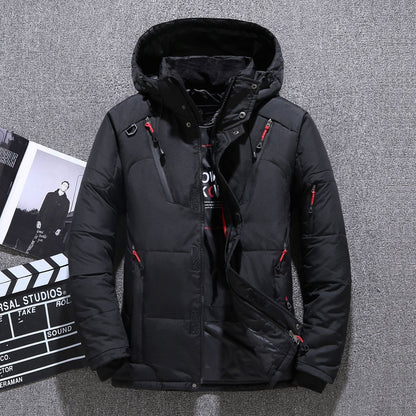 Padded men's down jacket with many pockets