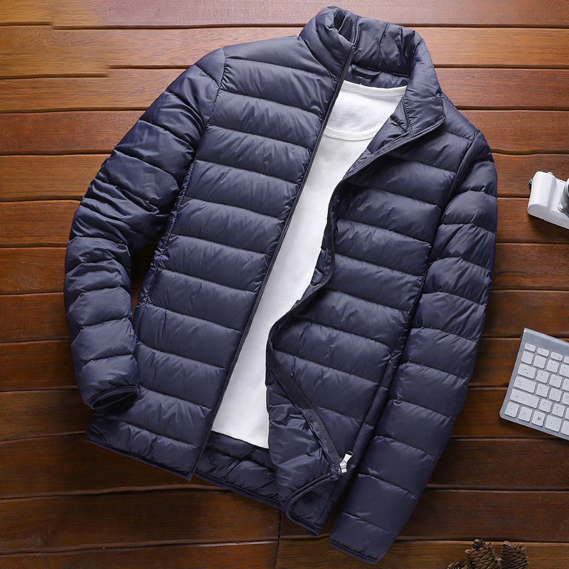 Light men's quilted jacket with stand-up collar