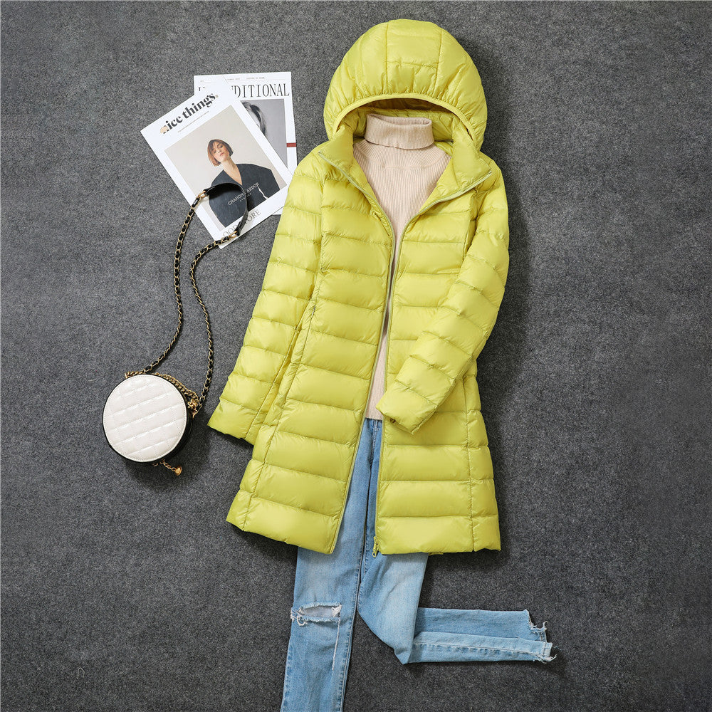 Women's down coat, mid-length, with removable hood