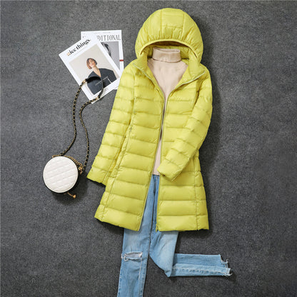Women's down coat, mid-length, with removable hood