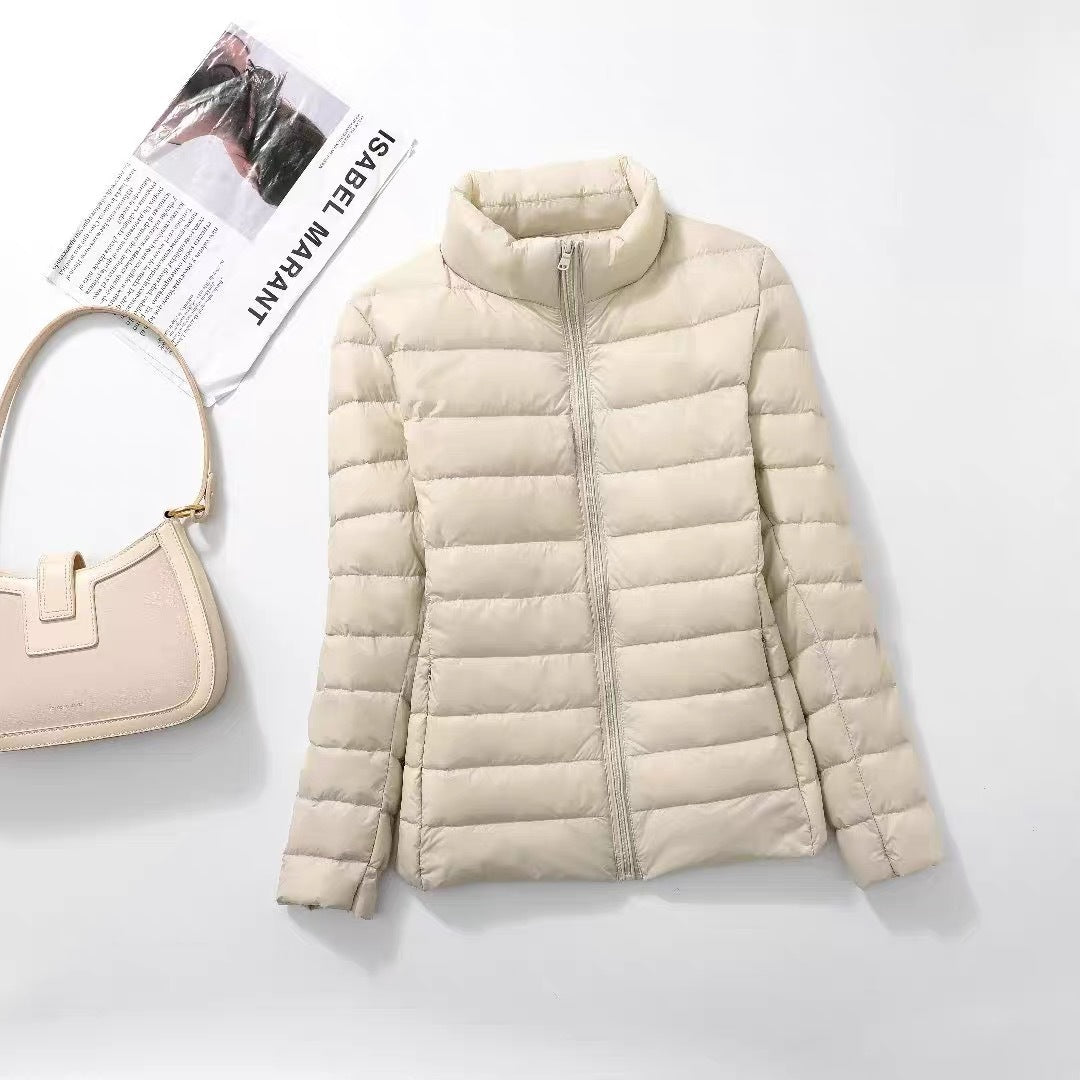 Light women's down jacket with stand-up collar, white duck down