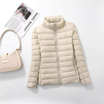 Light women's down jacket with stand-up collar, white duck down