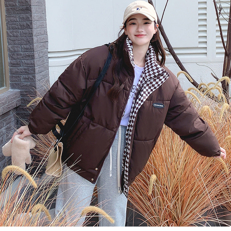 Loose, padded winter jacket with stand-up collar