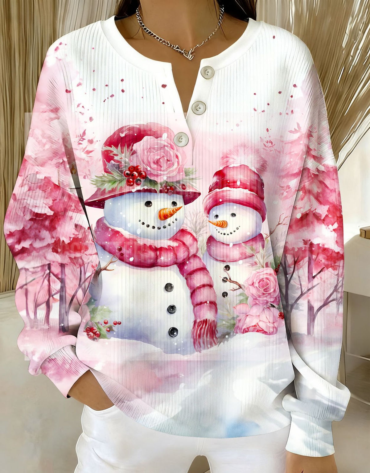 Christmas knitted pullover with stand-up collar and 3D print