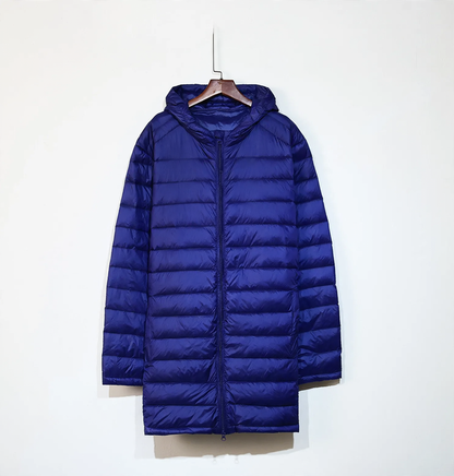 Men's down jacket, mid-length, plus sizes, with hood