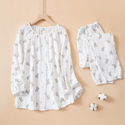 Women's pajama set made of cotton muslin, long-sleeved, breathable