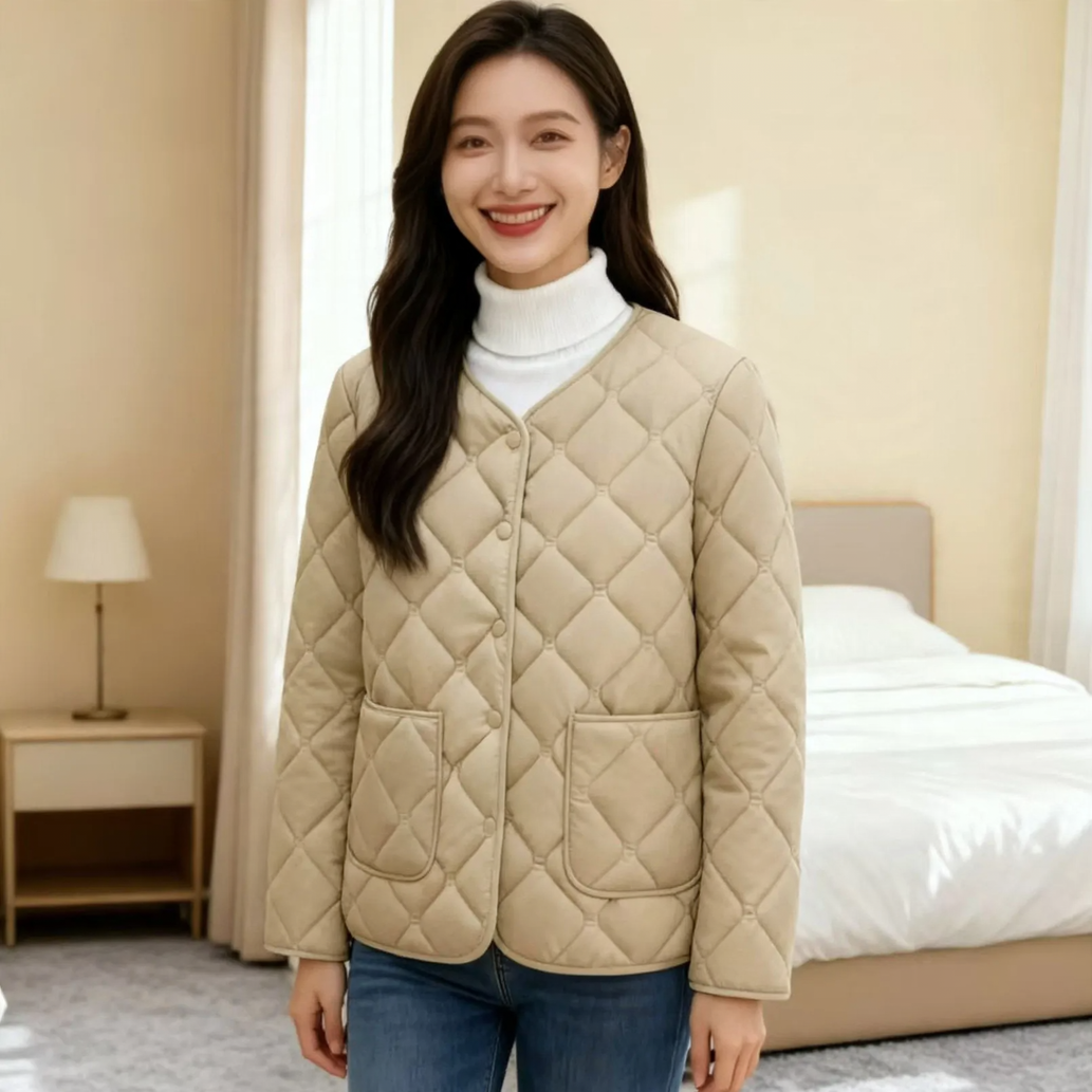 Women’s quilted jacket, lightweight, fitted, with V-neck