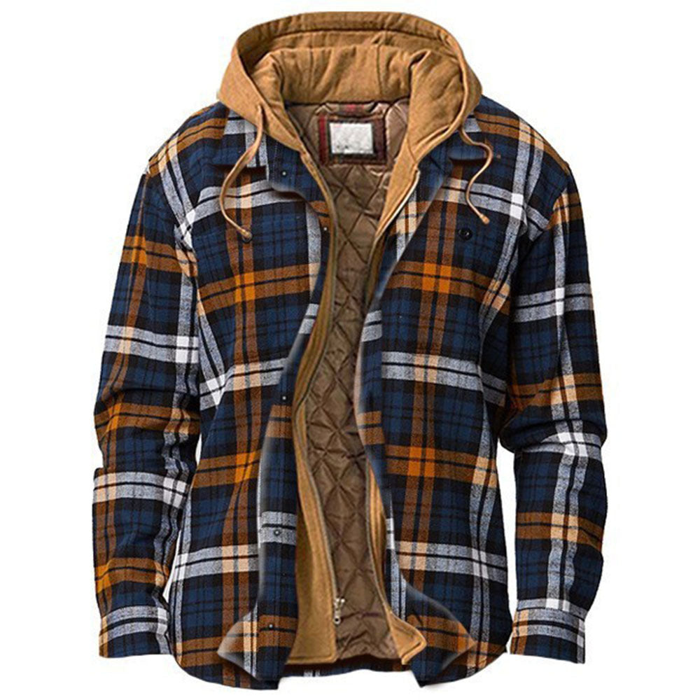 Men's shirt jacket, padded, checkered, with hood