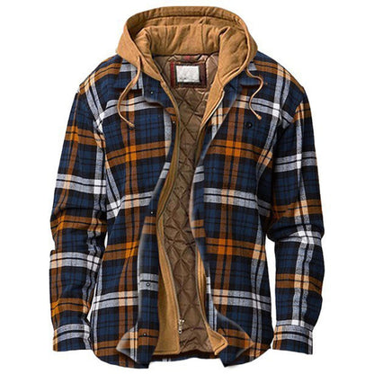 Men's shirt jacket, padded, checkered, with hood