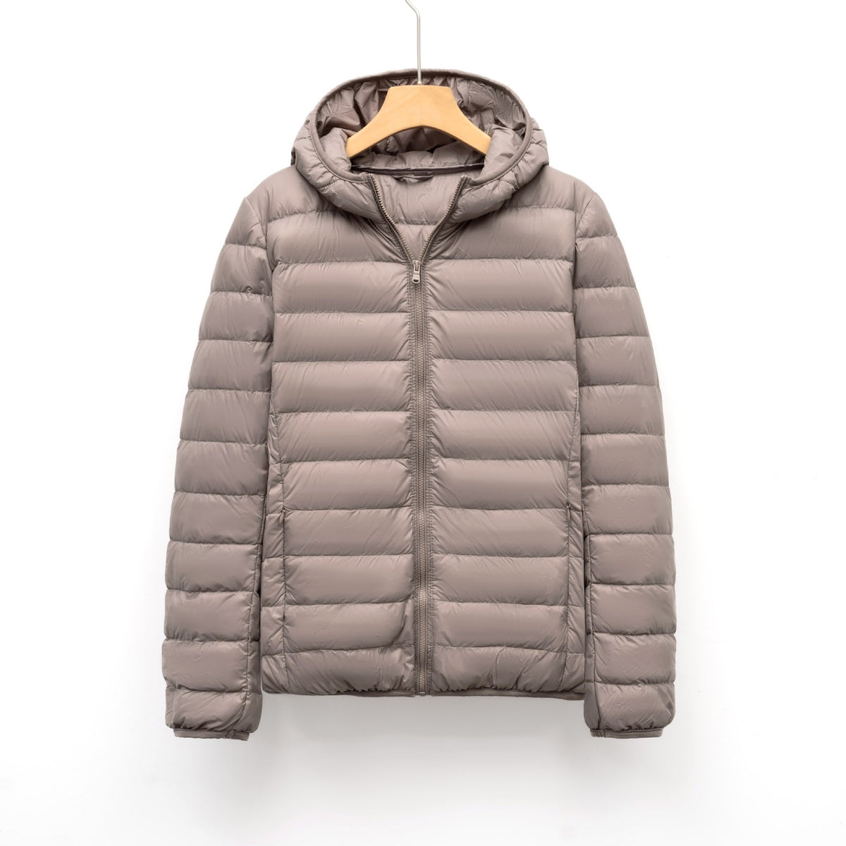 Light women's down jacket with hood, slim fit