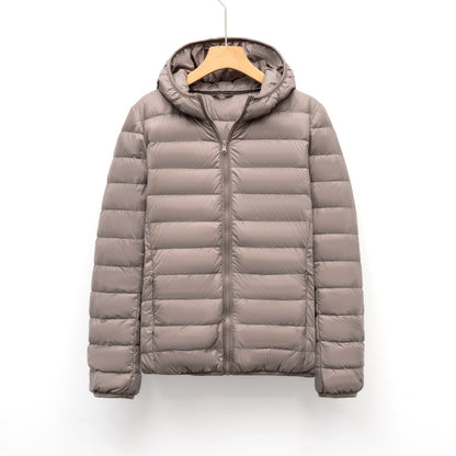 Light women's down jacket with hood, slim fit