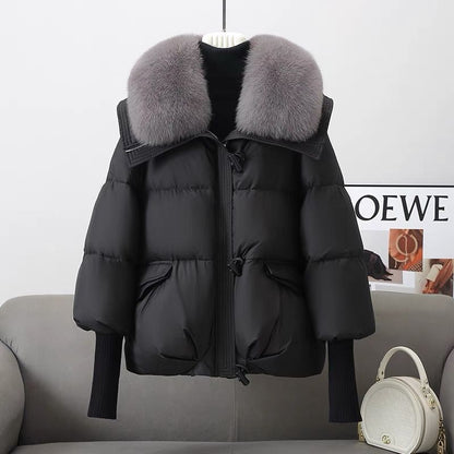 Short women's winter jacket with faux fur collar, padded