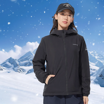 Light women's down jacket, white duck down, hood